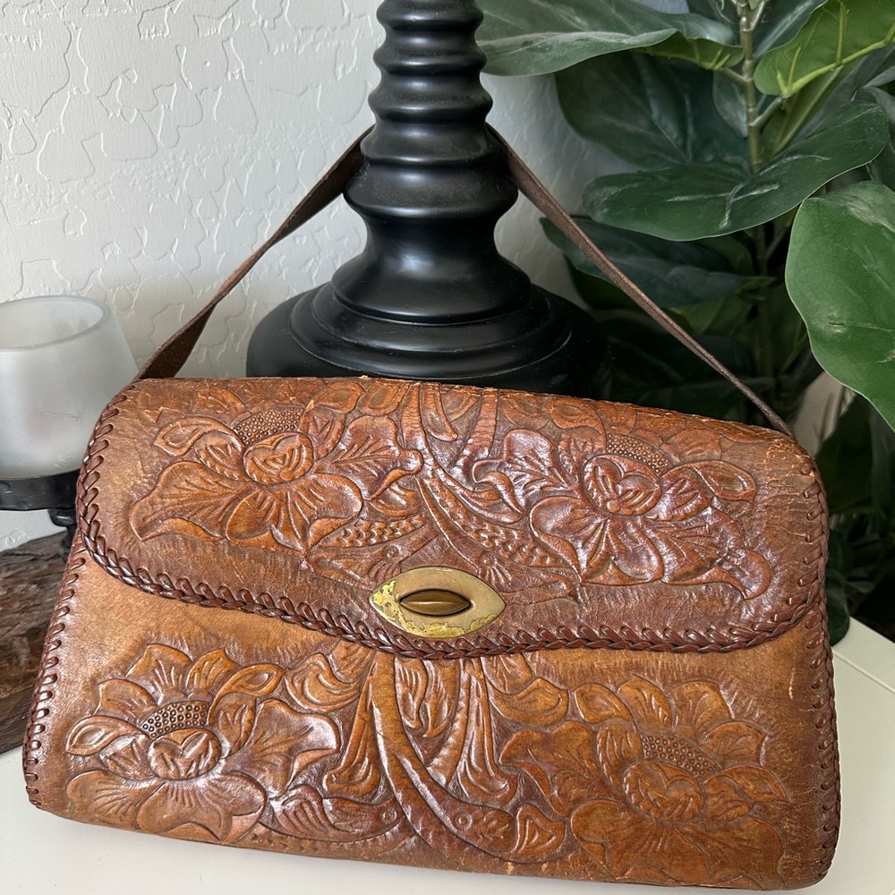 Vintage Leather Tooled Brown Floral Embossed Leather Handbag Brass Closure